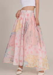 Art Pink Zippered Print High Waist Chiffon Skirts Spring