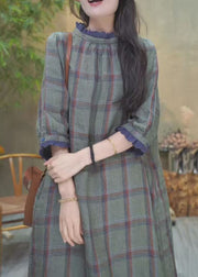 Art Plaid Ruffled Pockets Cotton Long Dress Bracelet Sleeve