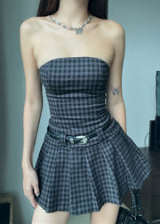 Art Plaid Strapless Backless Cotton Mid Dress Sleeveless