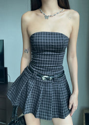 Art Plaid Strapless Backless Cotton Mid Dress Sleeveless