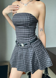 Art Plaid Strapless Backless Cotton Mid Dress Sleeveless