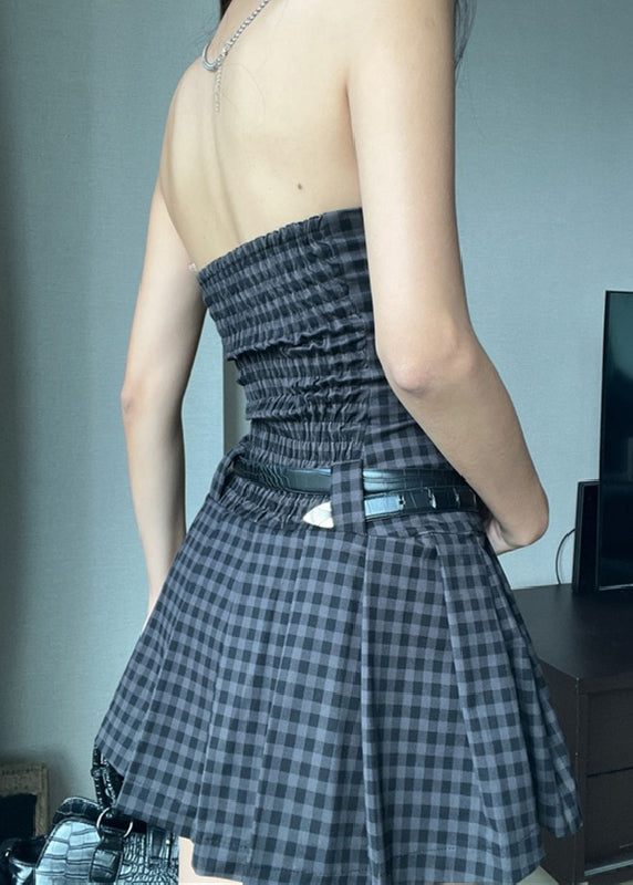 Art Plaid Strapless Backless Cotton Mid Dress Sleeveless