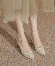 Art Pointed Toe Chunky High Heels Beige Pearl Heels