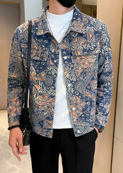 Art Print Button Pockets Denim Mens Coats Fall