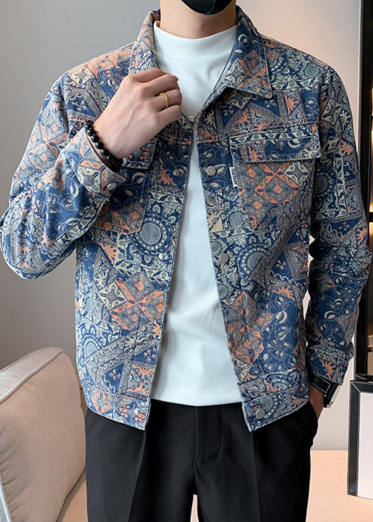 Art Print Button Pockets Denim Mens Coats Spring