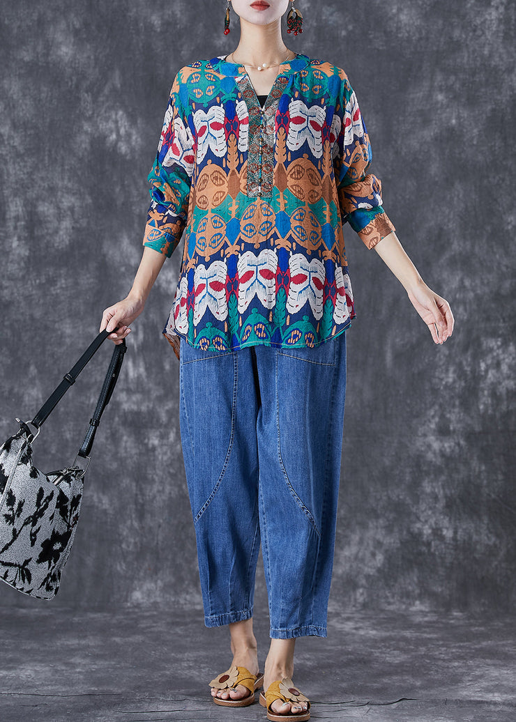 Art Print Oversized Rivet Cotton Shirts And Denim Pants Two Pieces Set Summer