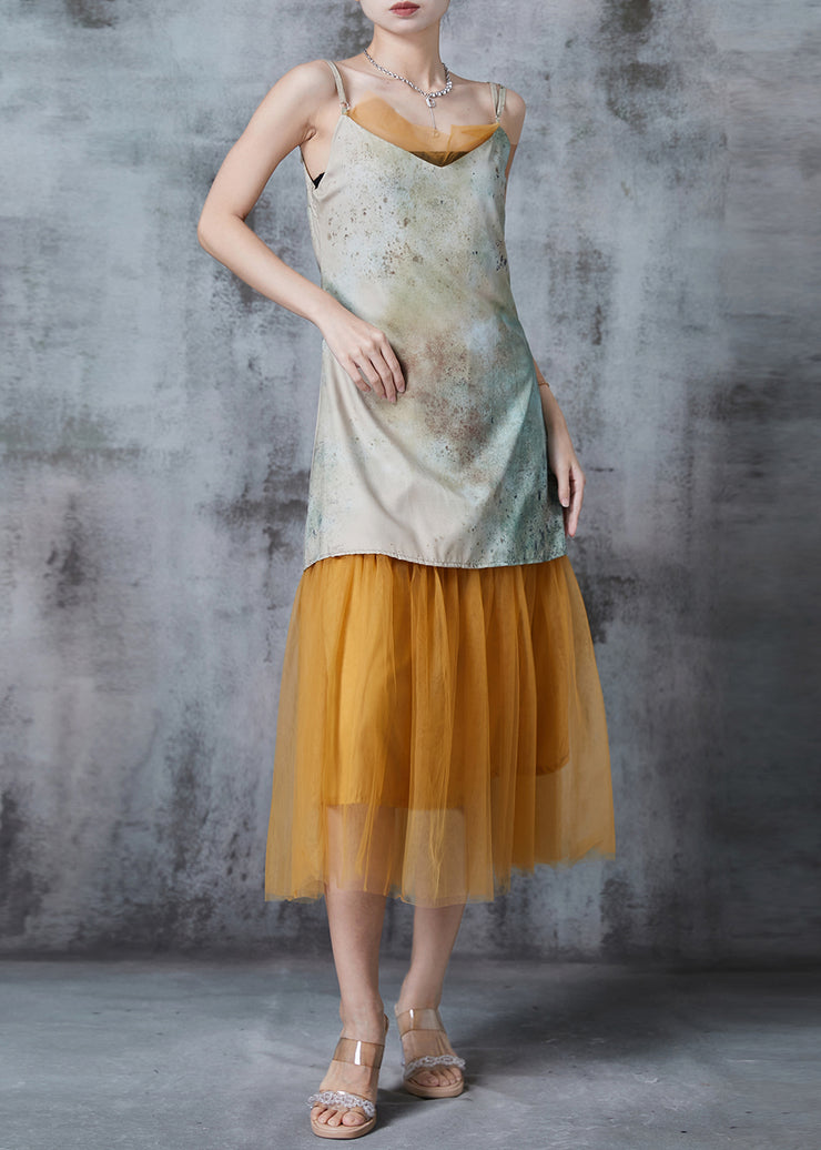 Art Print Patchwork Tulle Spaghetti Strap Dress Summer