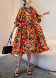 Art Print Ruffled Laxe Up Patchwork Cotton Dress Half Sleeve