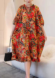 Art Print Ruffled Laxe Up Patchwork Cotton Dress Half Sleeve