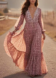 Art Print Tunic Chiffon Vacation Maxi Dresses Spring