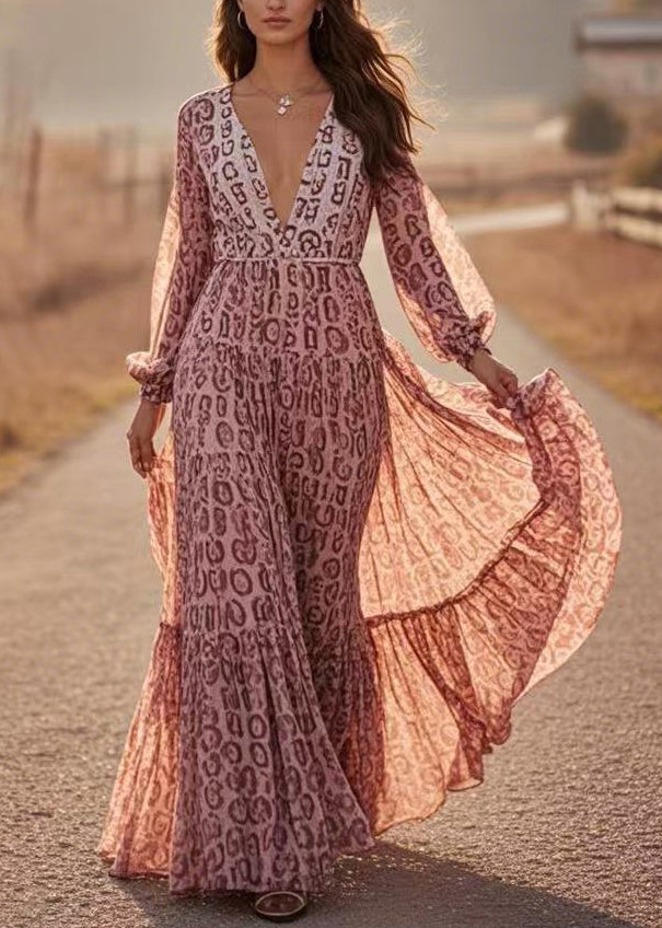 Art Print Tunic Chiffon Vacation Maxi Dresses Spring