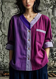 Art Purple Asymmetrical Patchwork Linen Shirts Summer