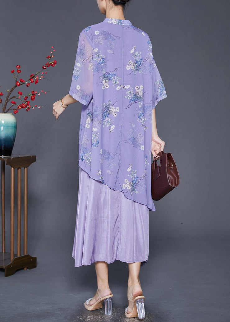 Art Purple Asymmetrical Patchwork Silk Chinese Style Dress Summer