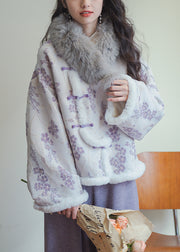 Art Purple Button Print Patchwork Cotton Filled Coats Spring