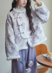 Art Purple Button Print Patchwork Cotton Filled Coats Spring