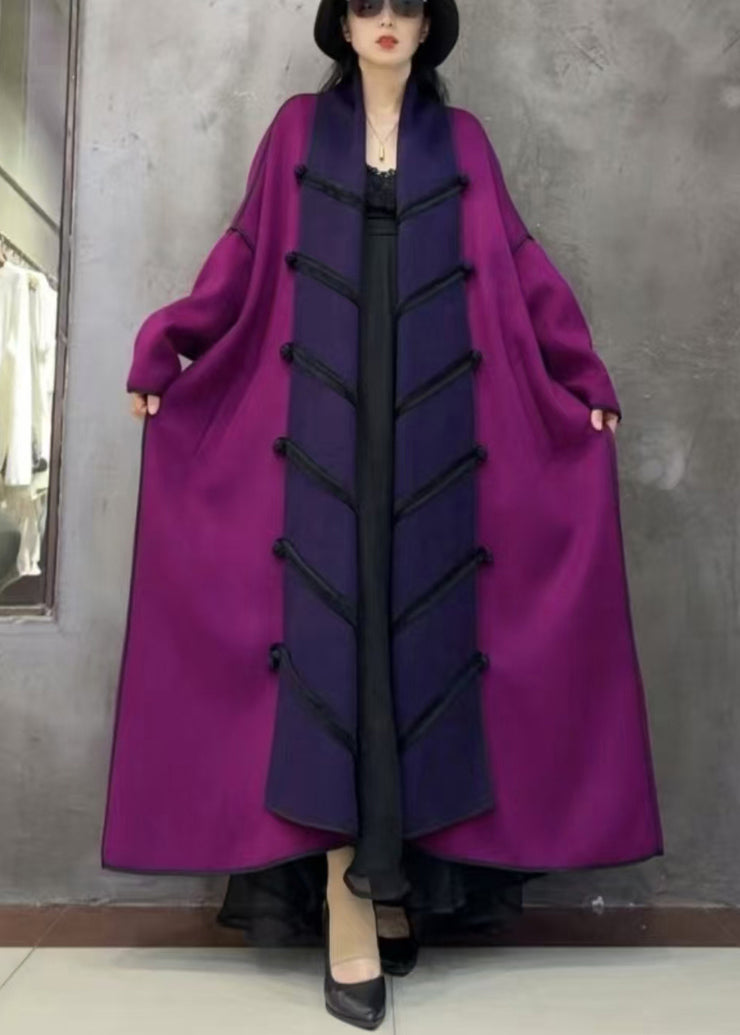 Art Purple Chinese Button Patchwork Woolen Long Coat Winter