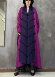 Art Purple Chinese Button Patchwork Woolen Long Coat Winter