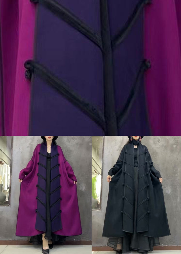 Art Purple Chinese Button Patchwork Woolen Long Coat Winter