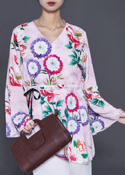 Art Purple Cinched Print Side Open Chiffon Blouses Spring