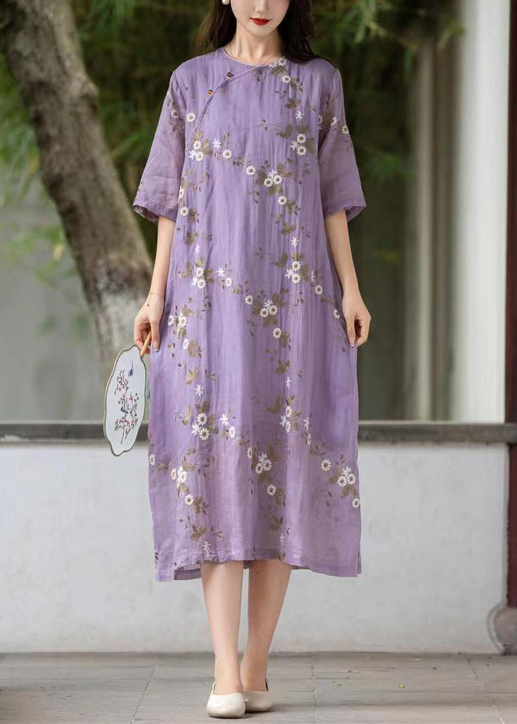 Art Purple Embroidered Button Linen Dress Summer