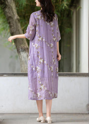 Art Purple Embroidered Button Linen Dress Summer