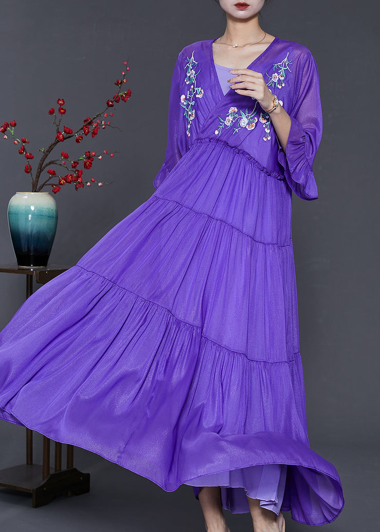 Art Purple Embroidered Exra Large Hem Chiffon Ankle Dress Summer