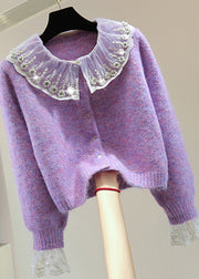 Art Purple Embroidered Patchwork Zircon Thick Cotton Knit Sweater Winter