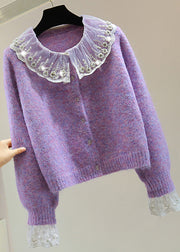 Art Purple Embroidered Patchwork Zircon Thick Cotton Knit Sweater Winter