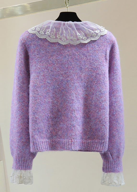 Art Purple Embroidered Patchwork Zircon Thick Cotton Knit Sweater Winter