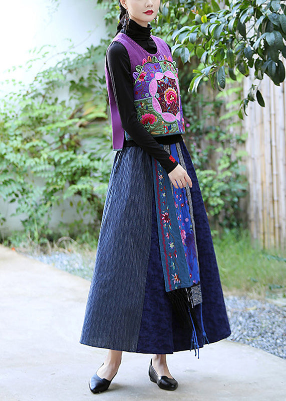 Art Purple Embroideried Floral Linen Waistcoat Fall