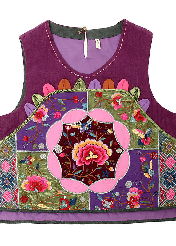 Art Purple Embroideried Floral Linen Waistcoat Fall