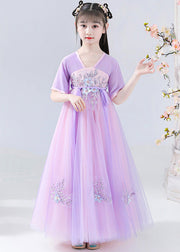 Art Purple Embroideried Tie Waist Tulle Kids Long Dresses Summer