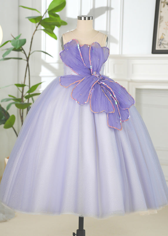 Art Purple Floral Square Tulle Kids Long Dress Summer