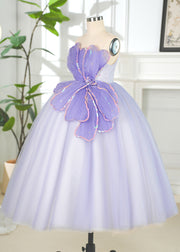 Art Purple Floral Square Tulle Kids Long Dress Summer