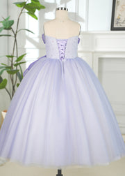 Art Purple Floral Square Tulle Kids Long Dress Summer