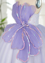 Art Purple Floral Square Tulle Kids Long Dress Summer