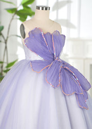 Art Purple Floral Square Tulle Kids Long Dress Summer