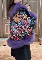 Art Purple Fluffy Sequins Patchwork Coats Winter