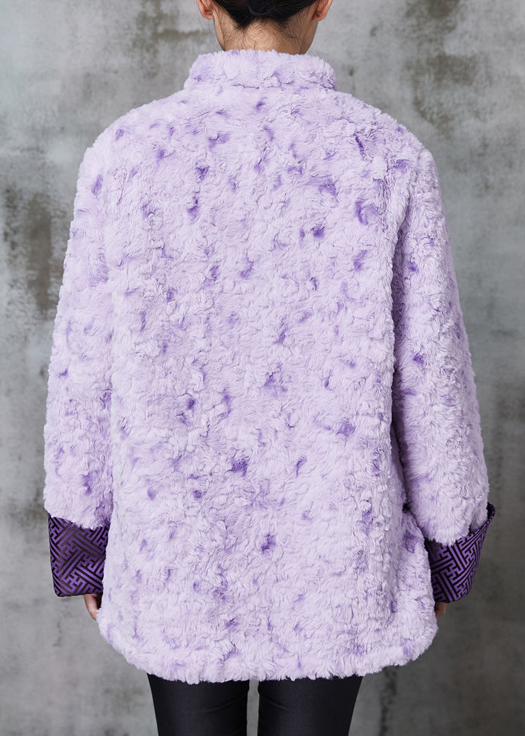 Art Purple Mandarin Collar Chinese Button Faux Fur Coats Spring