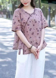 Art Purple O Neck Patchwork Linen T Shirt Tops Short Sleeve