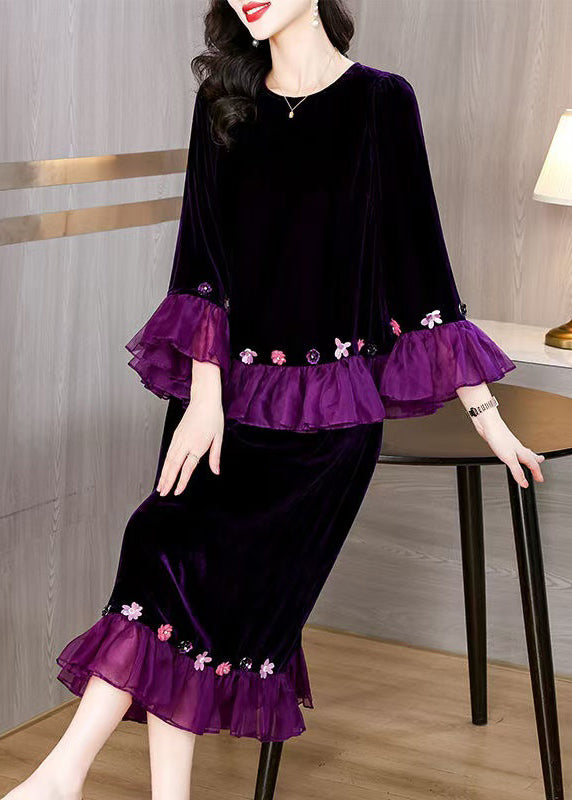 Art Purple Original Design Patchwork Silk Velvet Two Piece Set Flare Sleeve