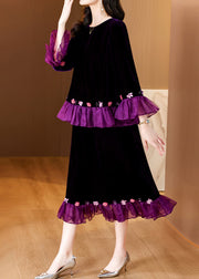 Art Purple Original Design Patchwork Silk Velvet Two Piece Set Flare Sleeve