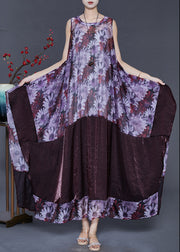 Art Purple Oversized Patchwork Print Silk Maxi Dresses Summer