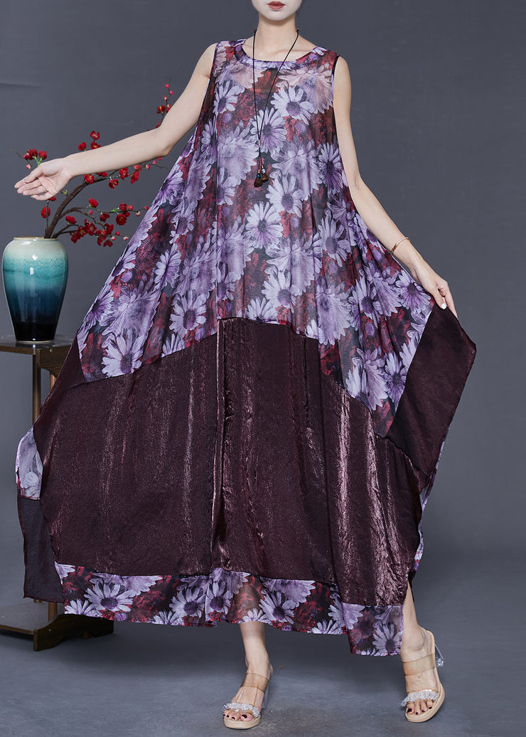 Art Purple Oversized Patchwork Print Silk Maxi Dresses Summer