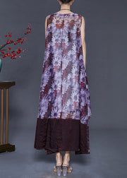 Art Purple Oversized Patchwork Print Silk Maxi Dresses Summer