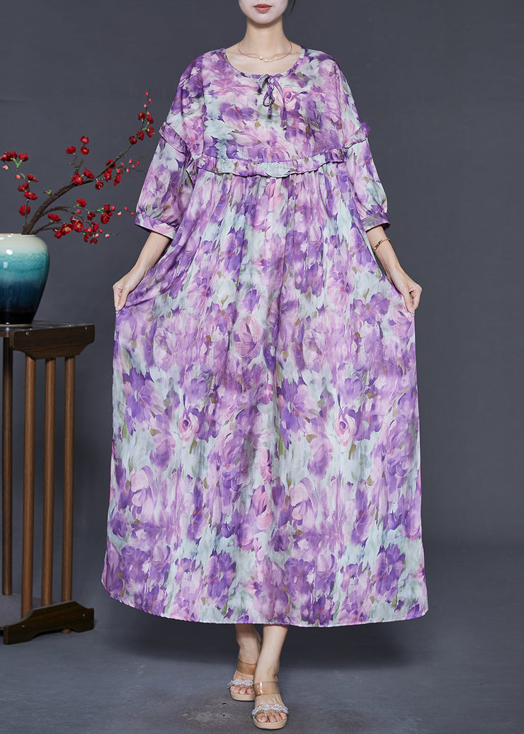 Art Purple Oversized Print Cotton Long Dress Bracelet Sleeve