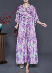 Art Purple Oversized Print Cotton Long Dress Bracelet Sleeve