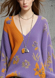 Art Purple Oversized Print Knit Pullover Fall