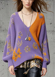 Art Purple Oversized Print Knit Pullover Fall