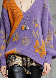 Art Purple Oversized Print Knit Pullover Fall